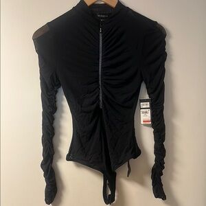 GUESS Black Ruched Zip-Front Long Sleeve Bodysuit